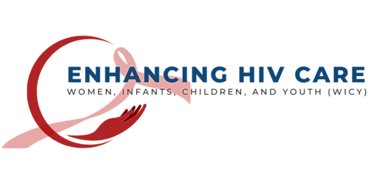 A red to pink ribbon and the text Enhancing HIV Care
