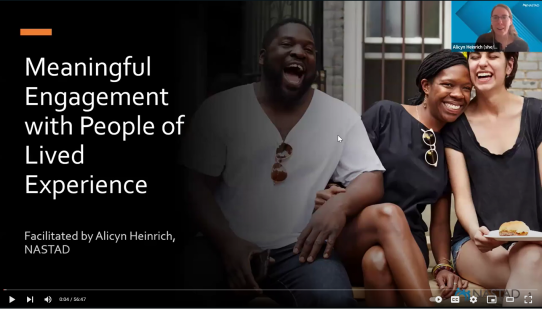 Cover slide reading "Meaningful engagement with people of lived experience" and showing three people sitting on a stoop.