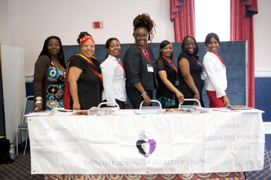 group of women at an information table