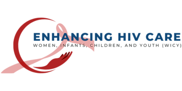 A red to pink ribbon and the text Enhancing HIV Care