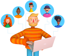 illustration of a person at a computer with thought bubbles of people's faces over his head